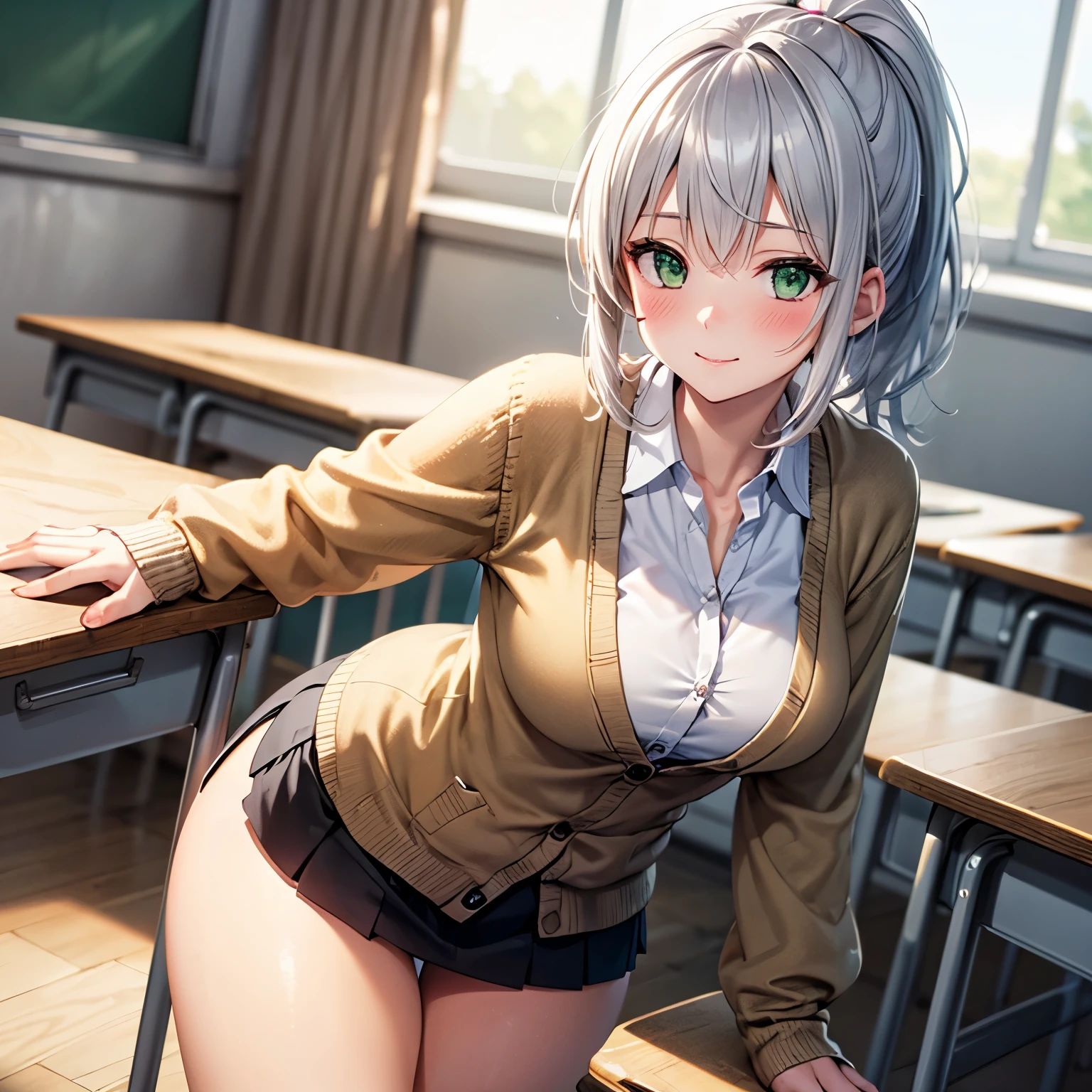 Girl, nfsw, pussy touch, pleasure,masturbated girl, solo sex,fingering self, Black stockings, white hair, white bra, class Room, under table, hide, uniform, no panties, Black uniform, leave class, black mask, sit, class chair, class table, backward table, blackboard, teacher, looking blackboard,  peoplee on room, hide masturbation,