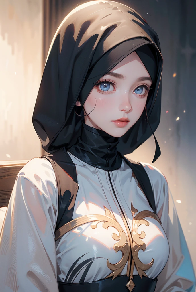 masterpiece, best quality, high resolution, fine detail, amazing and beautiful detail, different_images, 1 girl, solo,hijab, hijab,hijab, , , from below, red eyes, ,nud, ( big boobs), (lower chest) , outdoor, plants, botanical gardens, dolphin shorts, sleeves behind