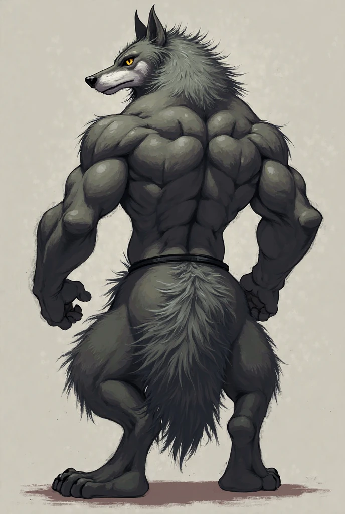 death (puss in boots), facing away, muscular back, detailed fur, correct lighting, correct shadows, simple background, by taran fiddler, by rukis, wolf tail, correct proportions, correct anatomy, correct muscles, jockstrap, half body