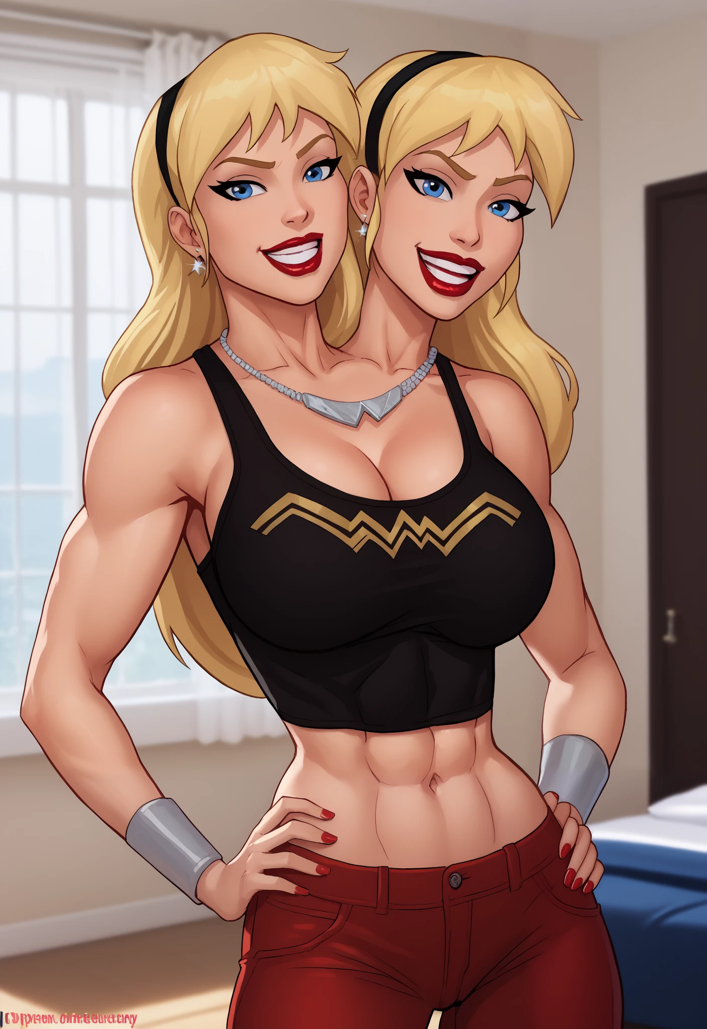 safe_pos, PonyXLV6_Scores BREAK (((parody style, parody:1.2)), perfect anatomy, cowboy shot) 1girl, blonde hair, long hair, blue eyes, conjoined, two heads, hairband, red jeans, curvy, athletic, standing, hand on hip, indoors, bedroom, black sports bra, necklace, smiling, hugebreasts, standing, red lipstick, seductive pose, raised eyebrow
