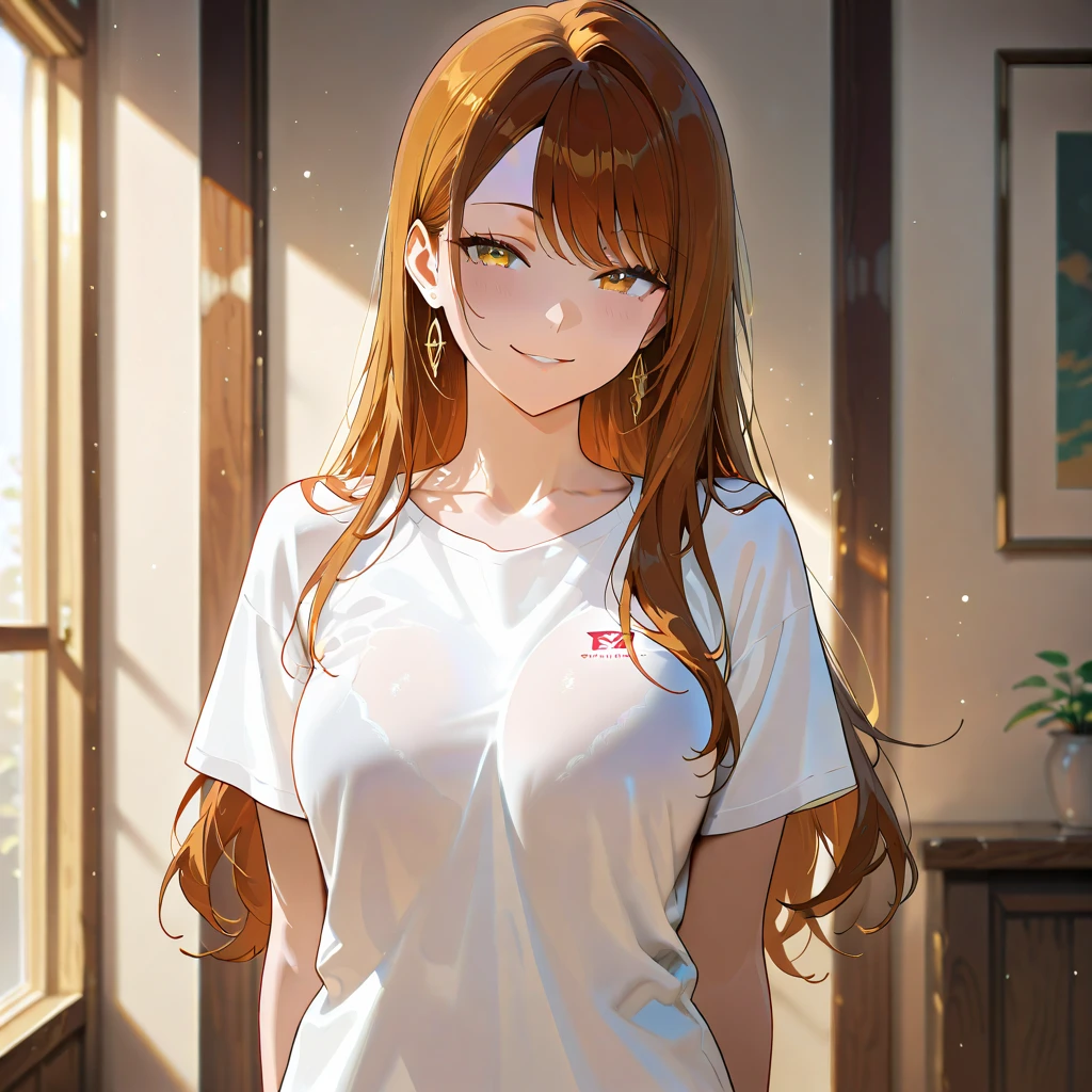 *Japanese prompts:**
Detailed image of a woman standing in a contemporary indoor setting。She is leaning slightly towards the viewer。This woman is full of confidence、It is attractively depicted、It emphasizes the voluptuous figure。She has shoulder-length, wavy, chestnut-colored hair tied in a loose ponytail.、There are some hairs hanging down around the face。Her eyes