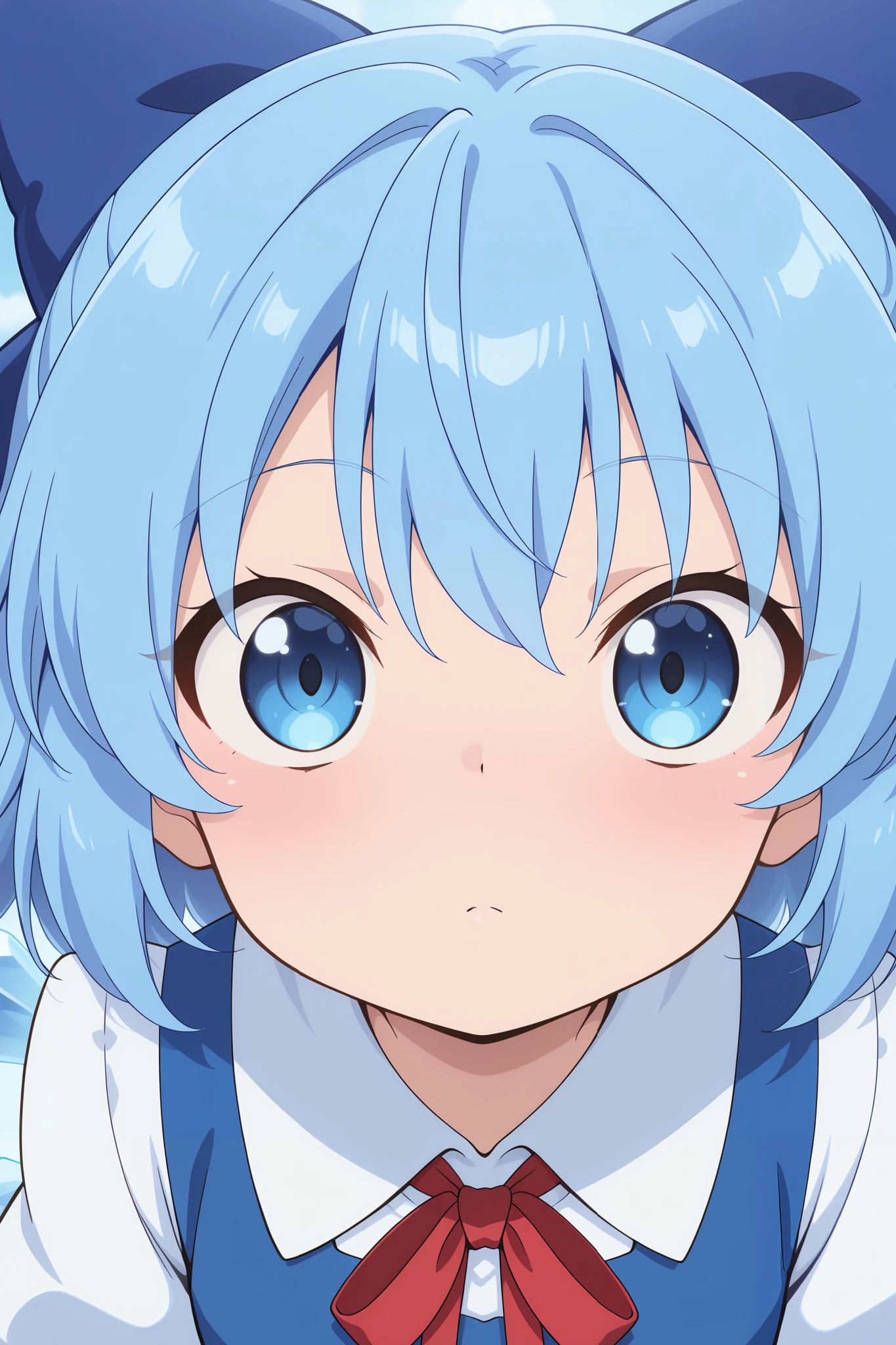 absurdres, highres, masterpiece, best quality, amazing quality, official anime artwork, screencap, anime screencap, looking at viewer,ice danmaku, 
 cirno, 1girl, solo, blue eyes, blue hair, short hair, ice wings, ice,, bow, hair bow, dress, blue dress, short sleeves, blue bow, puffy sleeves, red ribbon, tired cute, close up shot, face shot, tired looking eyes, pfp shot, 