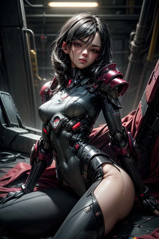 1 Mechanical Lady、((super realistic details))、portlate、globalillumination、Shadow、octan render、8K、ultrasharp、metals、Details of complex ornaments、cold color、Egyptian Detail、Internal skeleton frame highly intricate detail、Realistic light、CGSoation Trends、radiant eyes、Facing the camera、neon details、Mechanical limbs、blood vessels connected to tubes、Mechanical vertebrae attached to the back、mechanical cervical attaching to neck、sitting on、Wires and cables connecting to the head 超A high resolution Mono eye glowing red