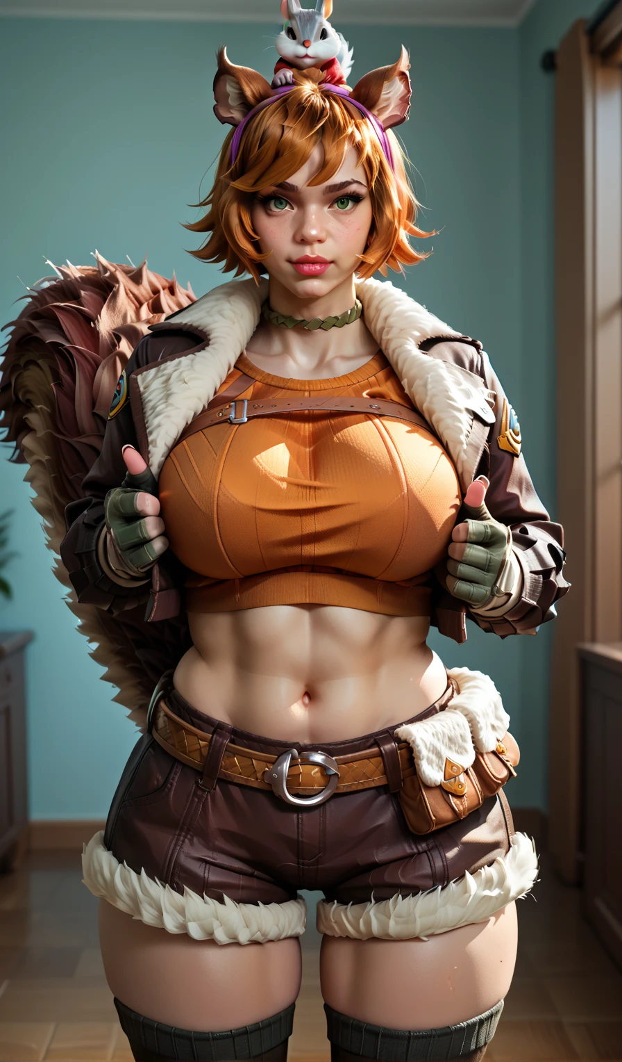((masterpiece)), Maximum Quality, Very Detailed, Masterpiece, Best Quality, squirrel girl, squirrel ears, squirrel tail, short hair, red hair, freckles, green eyes, fur trim, finger-less gloves, midriff, thigh-highs, large breasts, Big Breasts, Standing, Masterpiece, Best Quality, Detailed Face, Detailed Eyes, Hi-Res, NSFW, NSFW, Score_9, Score_8_up, Score_7_up, Score_6_up, Score_5_up, Score_4_up, Source_anime, Tag1, Tag2, Best Quality, High Quality, Detailed, Hi-Res, 8k, Ultra High Resolution, Soft Saturation, Professional Quality, Perfect Contrast, Perfect Lighting, Anatomically Correct, Huge Breasts, Large Hips, Huge Ass, Sensual Woman, Seductive BREAK Focus on face, Standing, Nude