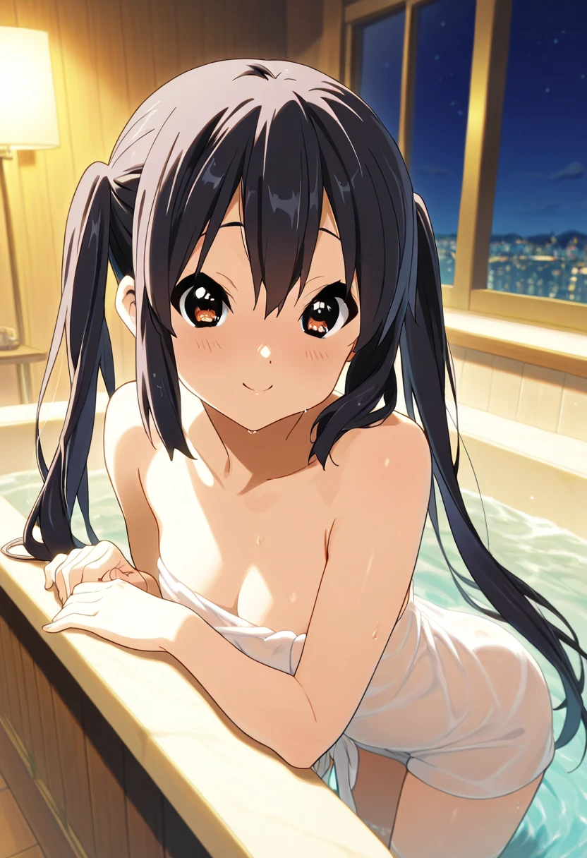 shinkai makoto, kimi no na wa., 1girl, bangs, black hair, brown eyes, twisted half up, red ribbon, long hair, solo, blush, looking at the viewer, arms up, sexy pose, standing, cute, bedroom, night, breast, nude, medium breast, nipples, pussy, masterpiece, upper body, front view, facing front, cowboyshoy,