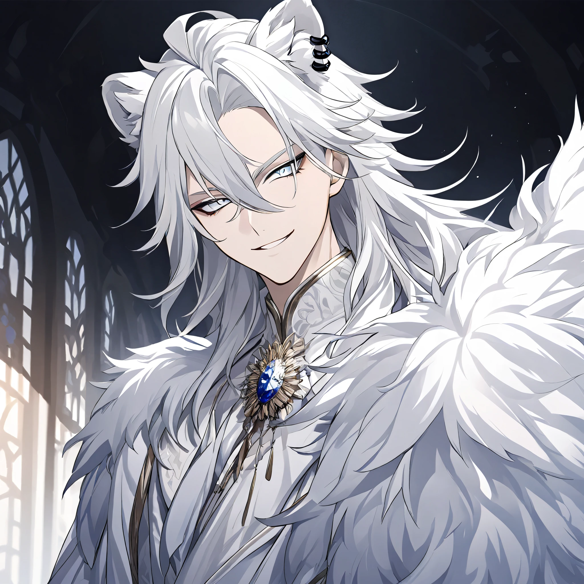 Anime boy with sharp white eyes, white hair, white lion ears, no human ears,Solo, Looking at viewer, smug smile