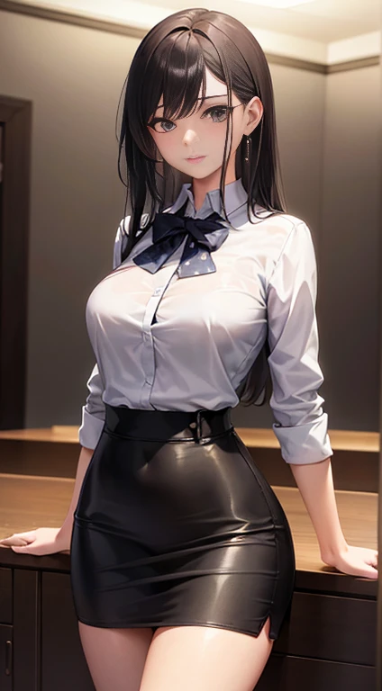 20 year old girl, black office miniskirt, white transparent blouse unbuttoned, Elf&#39;s ears, naked