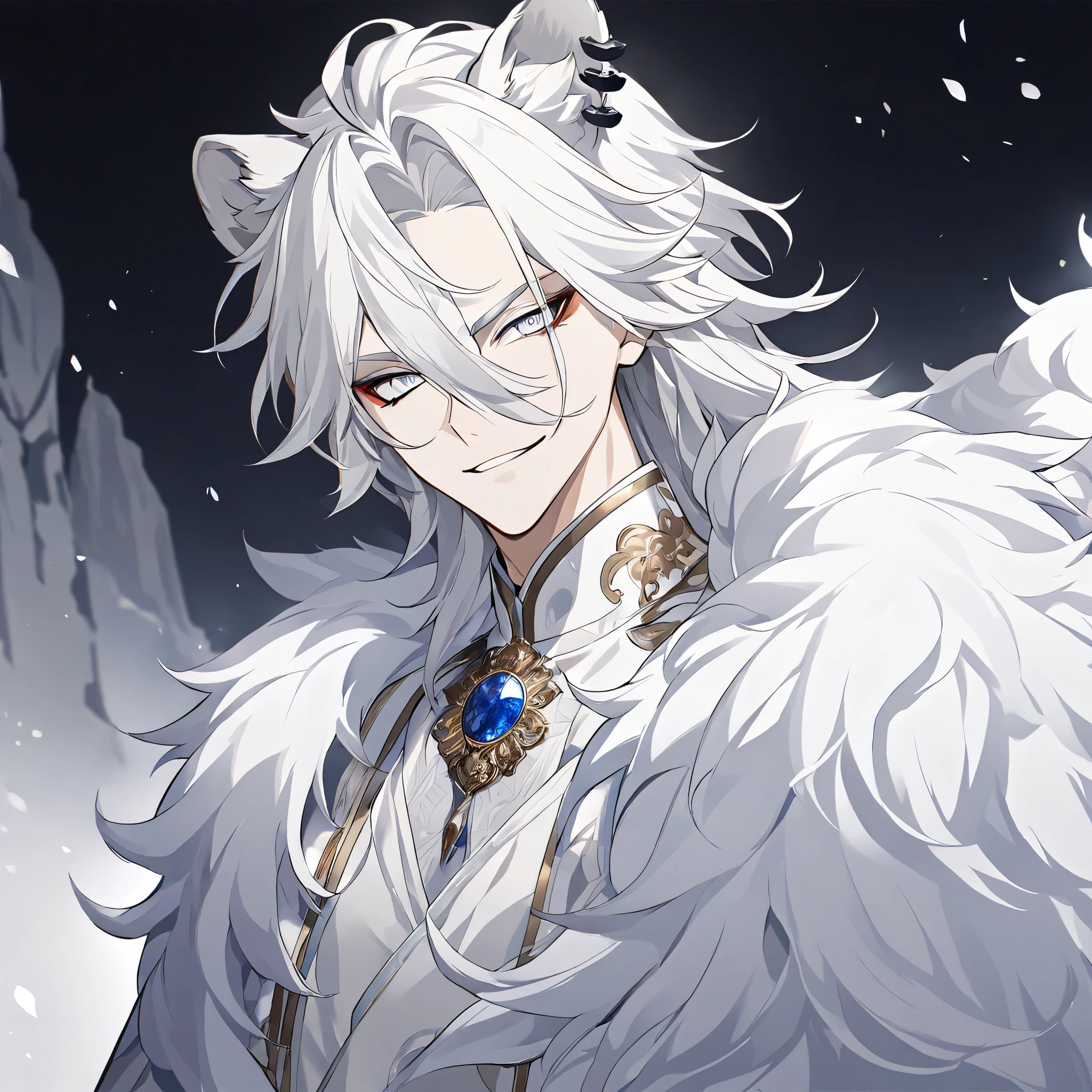 Anime boy with sharp white eyes, white hair, white lion ears, no human ears,Solo, Looking at viewer, smug smile