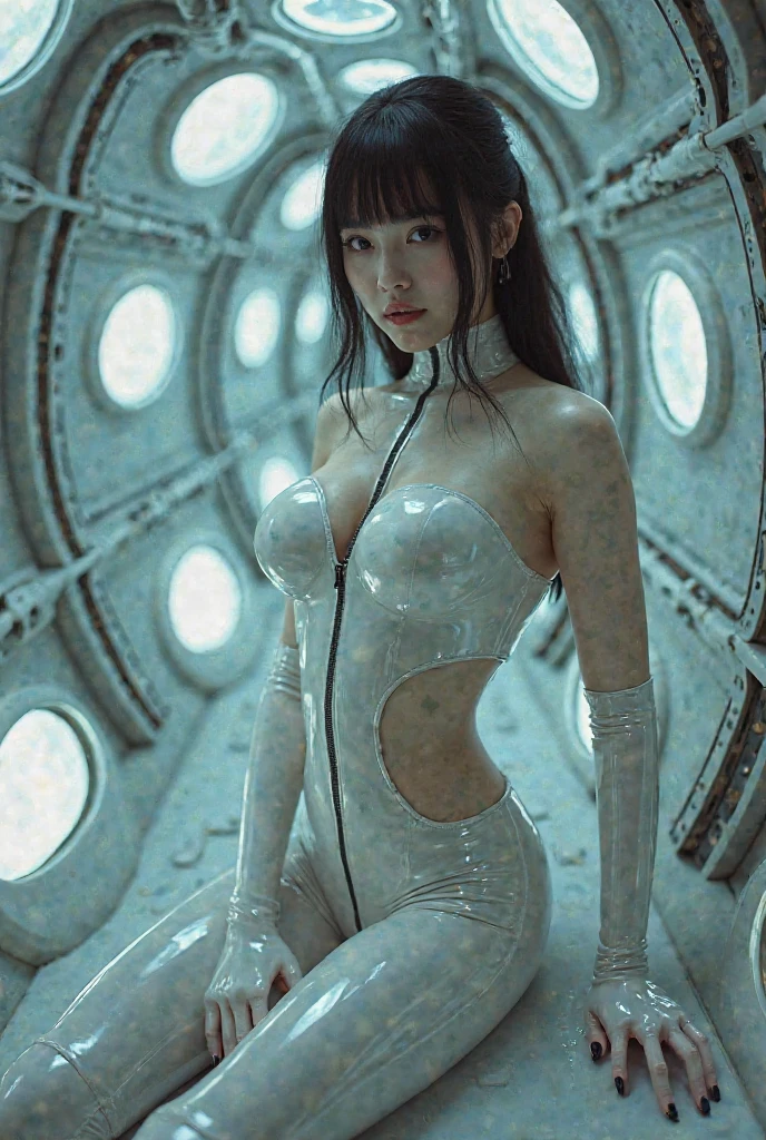 highest quality, masterpiece, 超A high resolution, (Photoreal:1.4), RAW photo, (cowboy shot:1.4), 1 girl, 14 years old, Japanese, (felt expression), Angle from the side, black hair, glowing skin, big breasts, Bust tied with thin vinyl tube, (full nude:1.2), (chunky transparent plastic micro bikini), (Nipple mount silver plated coin size machine:1.4)、(Equipped with silver plated egg size machine:1.4), pubic hair, Armpit hair is light, ((Ultra realistic details)), global illumination, Shadow, octane rendering, In 8K, super sharp, (Full body shiny transparent latex skin:1.4), metallic gloss silver plated metal, (There&#39;no cloth at all:1.4), realistic light, purple eyes, shining eyes, neon details, aluminummechanicallimb, Metal rings with chains on both wrists, Arms hanging from the ceiling with chains,:1.4, Squatting position with legs closed:1.3, arms above head, (Exposed raw skin butt), (A transparent tube is stuck in the buttocks), There are many cables on the floor, small led lamp, Reflectivity 100%mirror bed, 100%mirror wall, purple dim lighting, 2 limbs each,