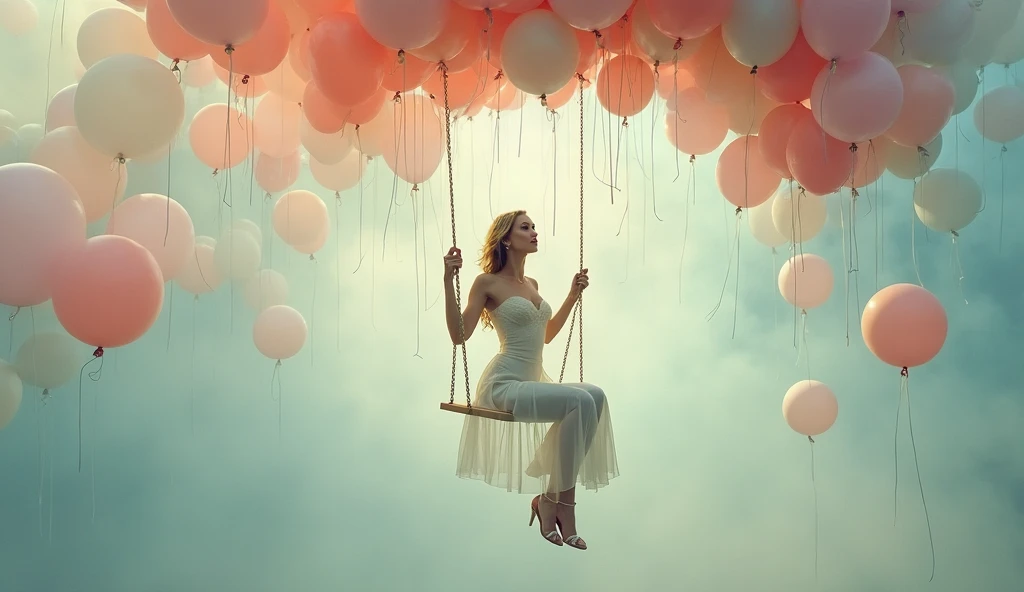 a woman sitting on a swing surrounded by balloons, a colorized photo, magical realism, feminine in pastel shades, floating in mist, glamorous composition, riding in the sky