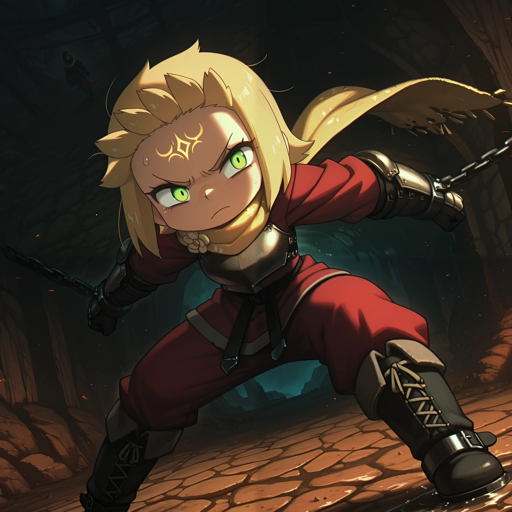 masterpiece, best quality, amazing quality, Anime Screencap. BREAK. 1girl,
original character,
blonde hair, short hair, green eyes,
paper talisman, forehead mark, red jacket, yellow scarf, brown chest armor, floral emblem, red pants, black boots, laced boots, chains, arm restraints,
standing, arms spread, looking down, intense pose, dynamic stance,
rocky terrain, stone ground, water puddle, dark background, jagged rocks,
angry expression, fierce emotion, vibrant colors, dramatic composition, detailed texture, high detail, anime style, fantasy setting, action scene,
shadows, wet surface, reflective water, metallic chains, leather boots, embroidered scarf, armored chest plate, red and yellow color scheme,
dim lighting, heavy shadows, moody atmosphere, sharp contrasts, rugged environment, mystical aura, tense moment, powerful presence,
focused gaze, clenched expression, battle-ready, constrained movement, outdoor setting, natural elements, rocky outcrops, dark tones,
textured rocks, water reflections, chain links, wooden beams, martial arts influence, warrior outfit, traditional symbols, mystical symbols,
angry glare, determined look, intense focus, dramatic lighting, shadowy background, rocky landscape, wet rocks, chain bindings,
armored attire, fantasy armor, red clothing, yellow accents, black footwear, detailed chains, rugged surface, natural shadows,
harsh environment, mystical energy, talisman design, anime aesthetics, dynamic angle, low-angle view, intense drama,
dark ambiance, rocky details, water effects, chain restraints, fierce demeanor