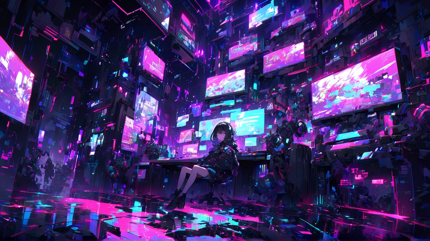 Cyberpunk style cluttered room. more neon. Many machines with unknown uses. Large windows with an open feel. It's sunny outside.　Hatsune Miku is sitting on the chair..
