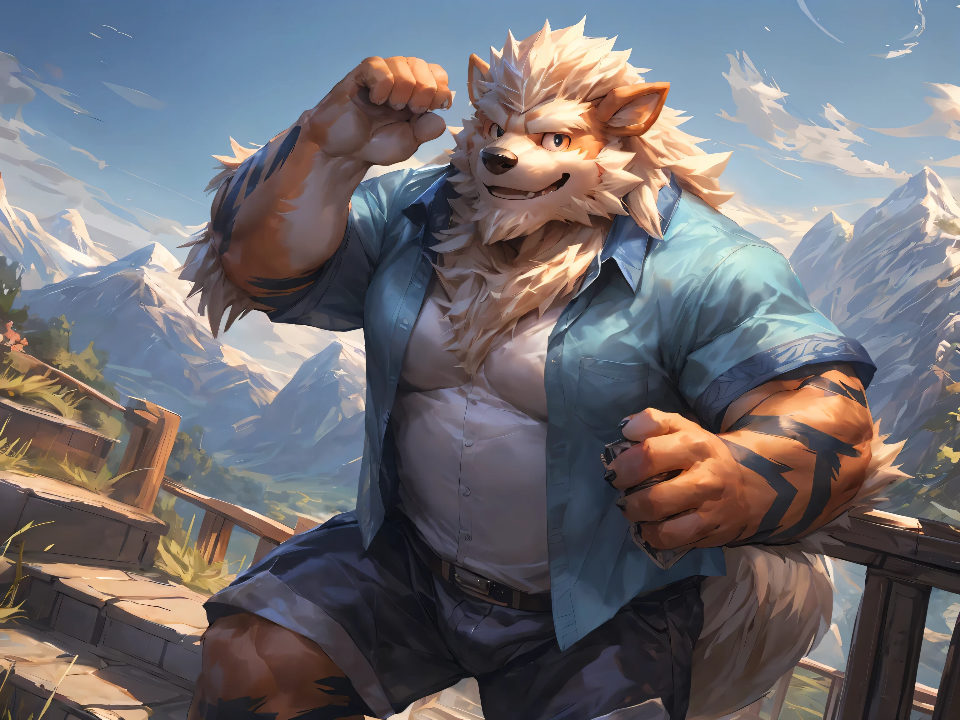 correct anatomy, Various facial details, Eyes details, arcanine, beard, wave hand, stairs, mountain, morning, expect, smile, green sport shirt, cartoon, by lindong, by null-ghost, (masterpiece), (16K), HD, high resolution, high quality, fullbody picture, looking at camera