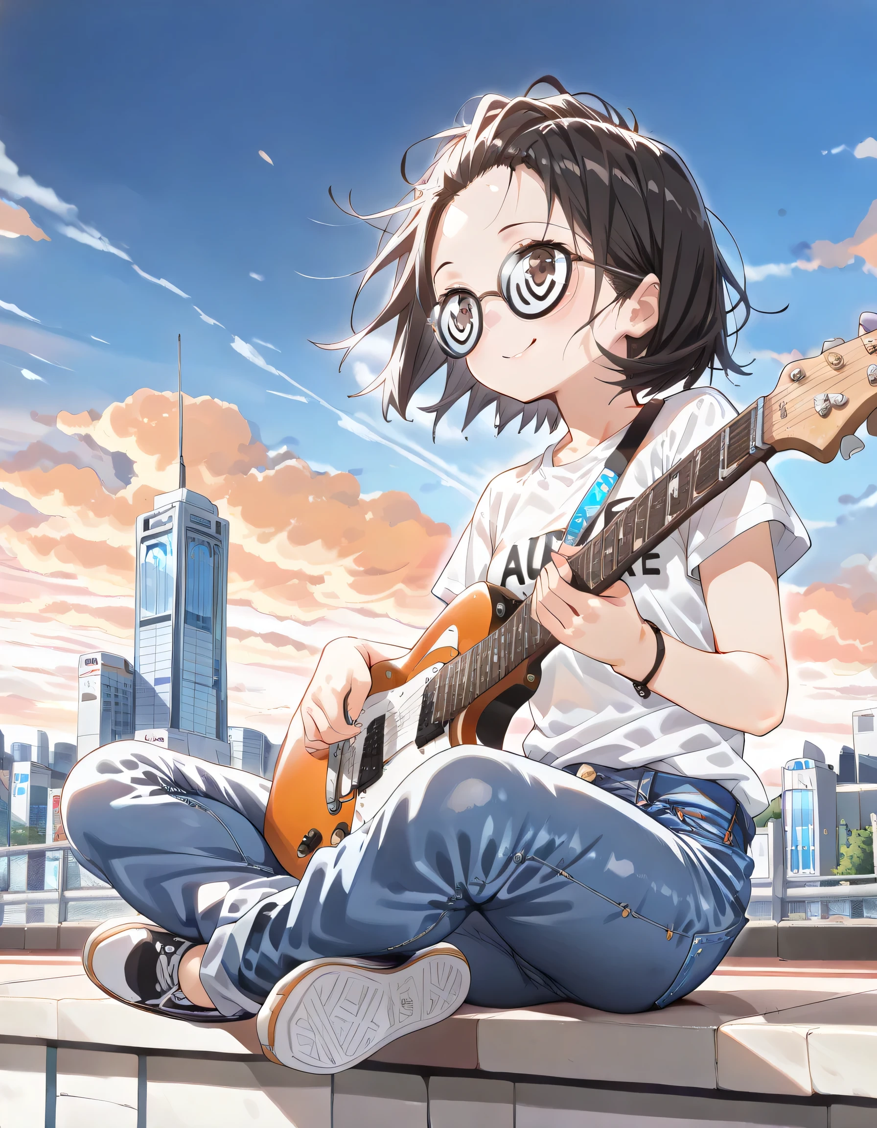 (dynamic angle,dynamic pose),(sideview++),(looking away:1.3)+,sitting indian style,pride,Alone,14years old,black short hair,forehead,spiral glasses,looking away:1.3,smile,natural cosmetic,sexy slim,feminine,flat breasts,wild sexy t-shirt,denim pants, Electric Guitar,absolute area:1.3,lineart+,Evening sky,skyscraper rooftop background, manga style,illustration,memorial shot,nostalsic scene