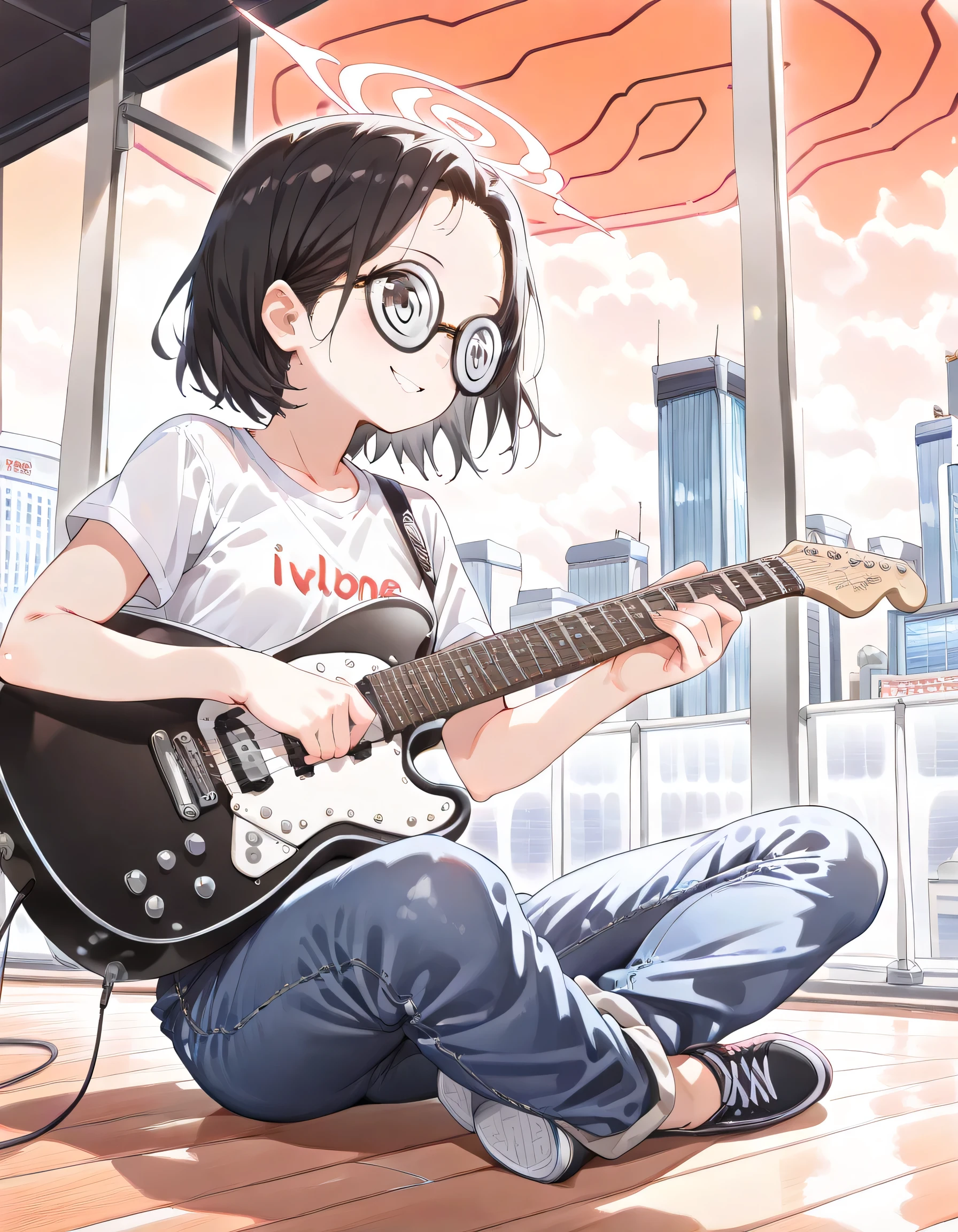 (dynamic angle,dynamic pose),(sideview++),(looking away:1.3)+,sitting indian style,pride,Alone,14years old,black short hair,forehead,spiral glasses,looking away:1.3,smile,natural cosmetic,sexy slim,feminine,flat breasts,wild sexy t-shirt,denim pants, Electric Guitar,absolute area:1.3,lineart+,Evening sky,skyscraper rooftop background, manga style,illustration,memorial shot,nostalsic scene