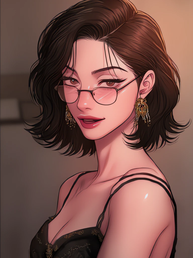 Hot sexy beautiful cute milf , silver chandelier earrings,saggy breasts,  lipstick,makeup, black hair ,two falling hair strands,blush,short hair ,black glasses ,dress