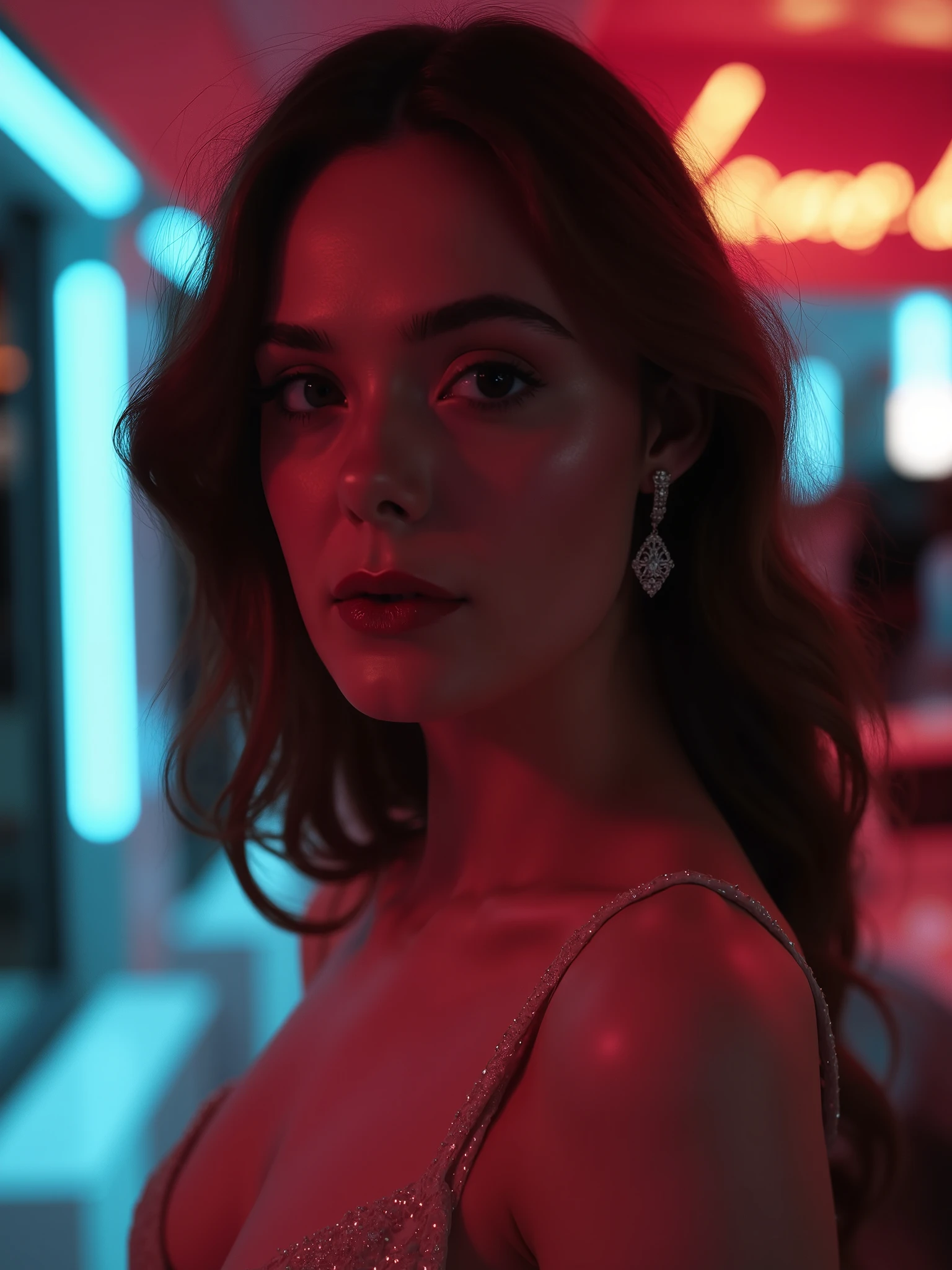 A woman,The most beautiful and delicate face, Profile,bust, Not too big breasts, Her cleavage exposed, Looking at the audience, Half-length photo, Movie Lighting, glow, neon,With big earrings,The earrings should be exposed。