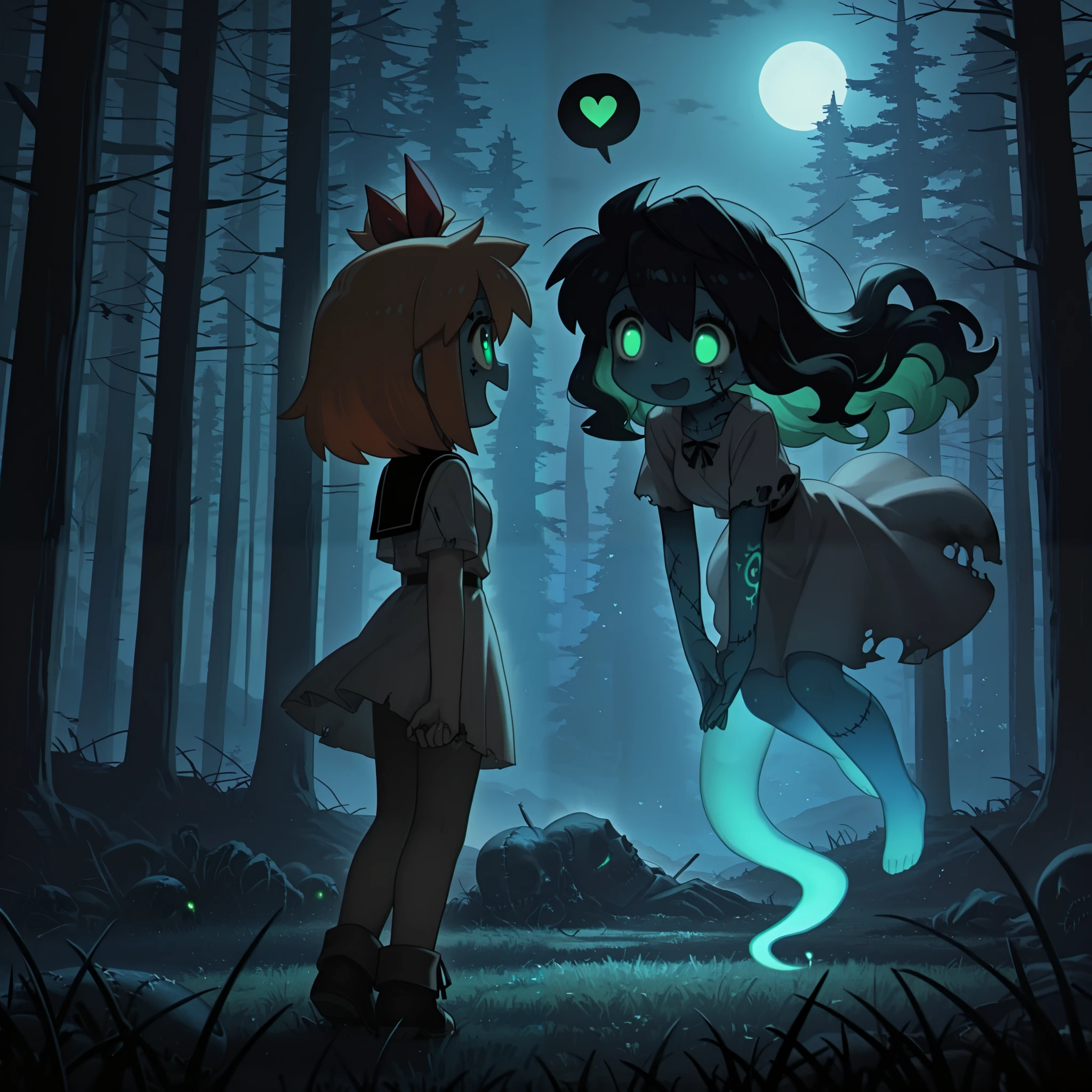 masterpiece, best quality, amazing quality, Anime Screencap. BREAK. 2girls,
original character, original character,
zombie, cute, heart tattoo, stitched skin, pale skin, short hair, messy hair, torn clothes, undead, bloody, green eyes,
ghost, blue skin, translucent, floating, long hair, wavy hair, glowing eyes, ethereal, white dress,
talking, facing each other, speech bubble,
forest, night, misty, trees, dark sky, moonlight, grass, eerie atmosphere, abandoned,
cute expression, smile, mysterious, dark theme, blue tones, green tones, detailed background, dynamic composition, contrast, whimsical,
detailed eyes, glowing effects, tattered fabric, floating hair, heart symbol, subtle blood, intricate tattoo,
soft lighting, moonlight glow, deep shadows, foggy ambiance