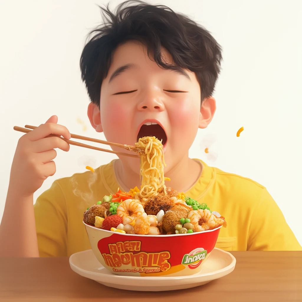 A eating holds chopsticks and bowl