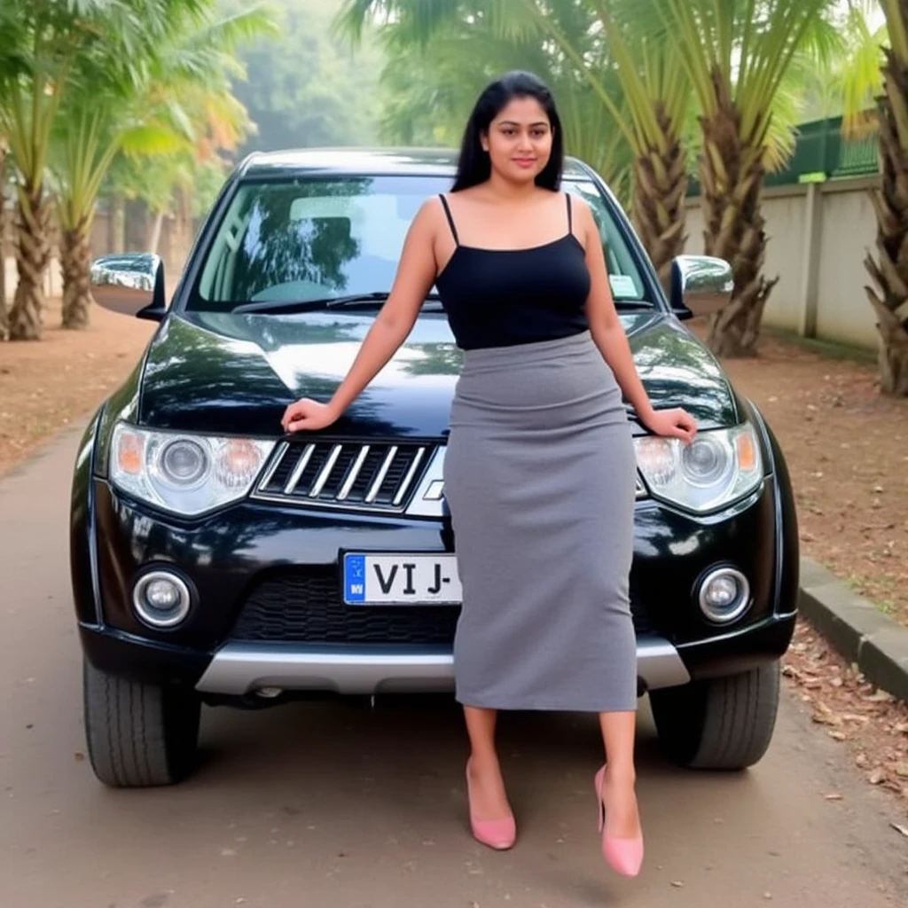 "Generate an image from a passenger's perspective of a thick woman with huge breasts in a vibrant golden saree standing beside a car on a jungle path. Capture the juxtaposition of traditional attire and modern transport in the wilderness, emphasizing the harmony between the woman, the car, and the lush surroundings." SFW