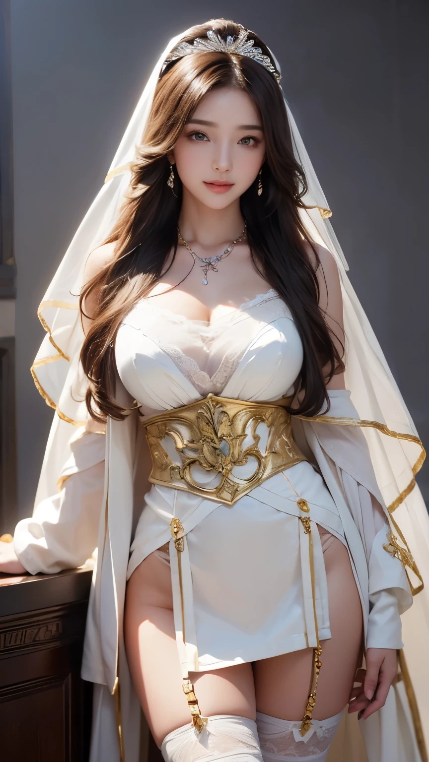 perfect figure beautiful girl:1.4, ars old, cleavage, huge breast Layered Hair Style, (Cleric:1.5), Jewelry Decoration, veil, Highly Detailed Face and Skin Textur, double-edged eyelid, Whiten the skin, long hair, (background snow plains), diamond dust,