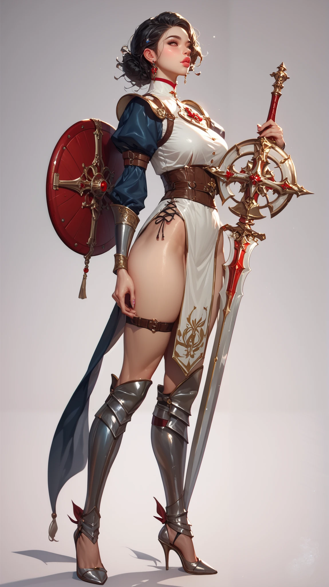 (fierce warrior:1.1), (belts:1), (bandolier:1.3), pouches, gear, She is the elemental empress, very long hair, detailed eyes, and beautiful makeup. magical aura around it. She holds a simple weapon in one hand, She frowns determinedly, showing her strong features and (scars:1), She is preparing for a battle, and she is the leader of her army. masterpiece of art, high detail, realism, and quality. Her body is mature, fit, and glowing, showing her survival skills and courage. She is a fantasy come true, and she knows it. This is an 8K resolution concept art, rendered with octane, and trending on Artstation. It is an illustration of a 1girl character in ligne claire style, with perfect composition and absurdres. It is an official art by Mappa studios of a 30 yo natural amazing body speaking shouting war cry, (ornate jewelry:1.3), (freckles:1.2), (gold:1), (huge breasts:1), (Adult Film Star:1.6), (naked:1.8), nsfw, (action pose:1)