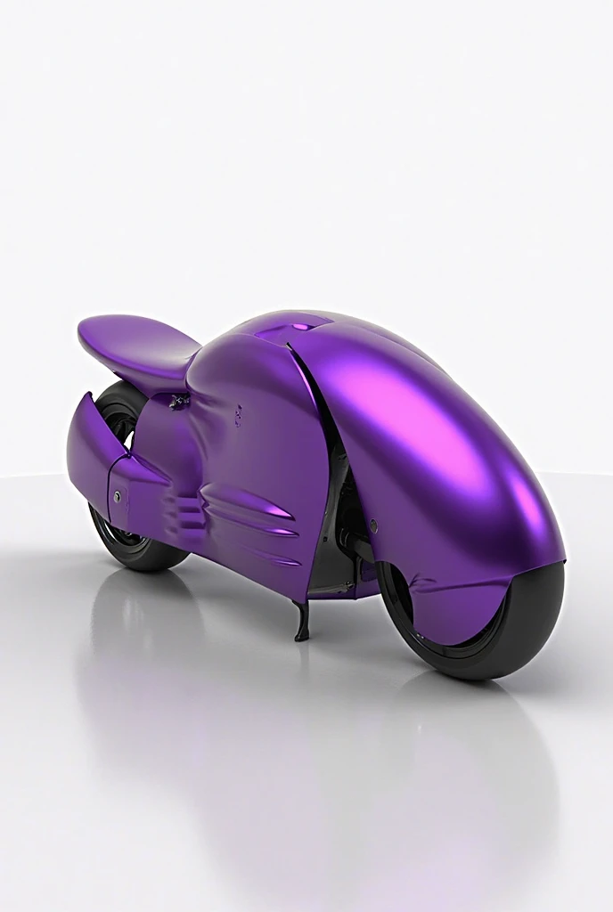 Create an entity. She has a mechanical appearance, with a metallic humanoid body in purple and green colors. Its head is shaped like a helmet, its jaw shaped like a skull, and a metallic horn on the top. Behind, there is a completely white background 
