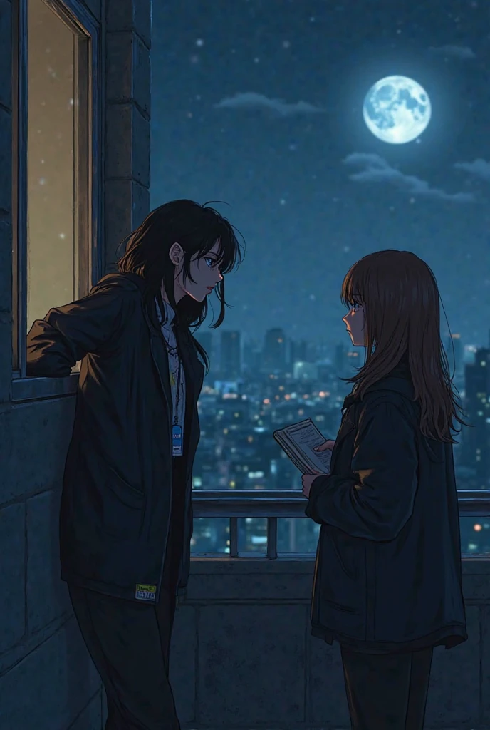 side view, Girl sitting in the frame of a wind, semi inclined, stiff legs, his left hand hugging his left leg, his right hand with a cigarette, scuffed pajama pants, bare feet, bare torso, weight loss, black fur, semi long, room illuminated by a dim light, the moon illuminated the outside of the city