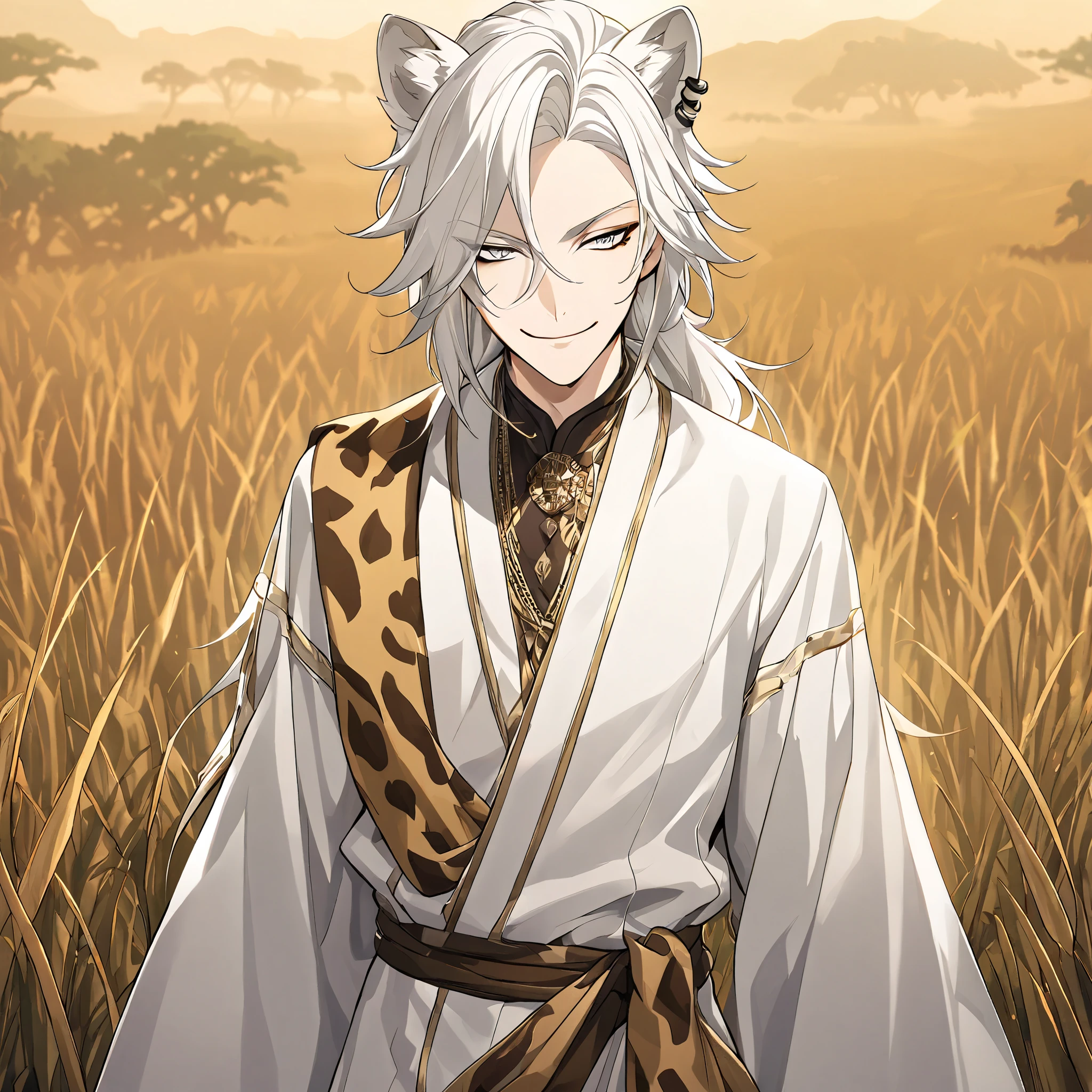Anime boy with sharp white eyes, white hair, white lion ears, no human ears,Solo, Looking at viewer, smug smile, Savanna clothing