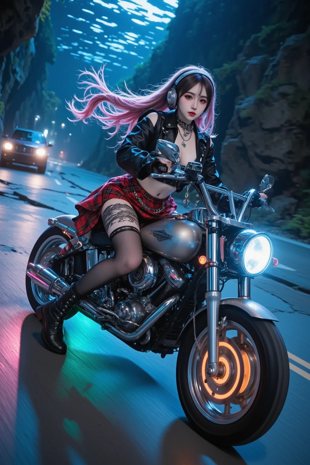 (best quality,ultra-detailed),(realistic:1.37),beautiful girl on a motorcycle,showing skin,scantily clad,in revealing lingerie,with a low-cut teddy,wearing a thong,exposing her back,alone in the street