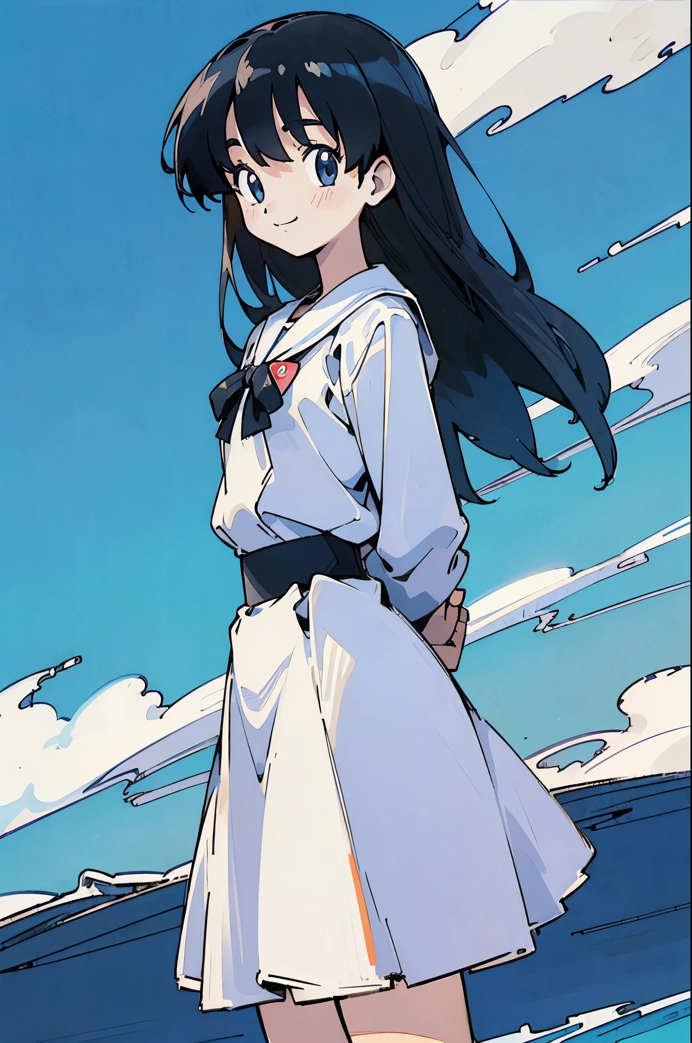 by Ken Sugimori, sugimori 1990s, ((only 1girl)), smiling, waves crashing behind her, swim suit ((hands behind their back)), full black pupils, manga, best quality, highly detailed, clean lines, cowboy shot, good hands, good eyes, hd, 8k, professional, symmetrical, hires, 8k,