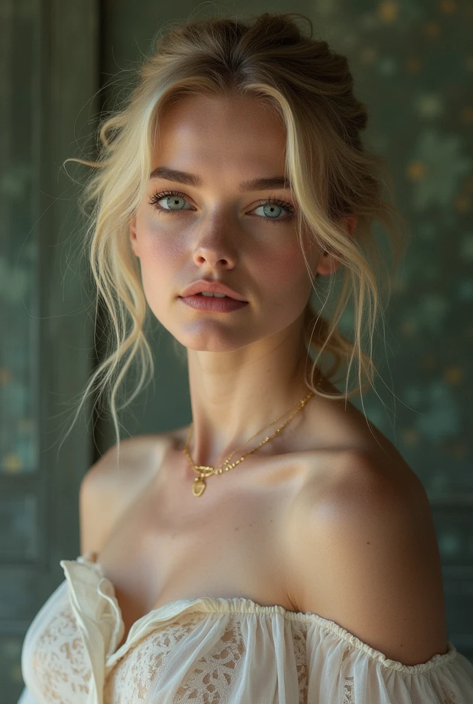(photorealism:1.2), femme blonde, 20 ans, 1m65, yeux bleu, poitrine bonnet E, taille et hanche fine, type européenne, cheveux en chignon, nue les jambes écartés