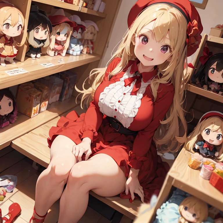 1 female, teenage girl, red long sleeve dress, blonde long hair, rosa cheeks, doll store, playing a dolls, happy face, huge breast, candy, summer hat, kiss kiss, on the cheek, in the screen