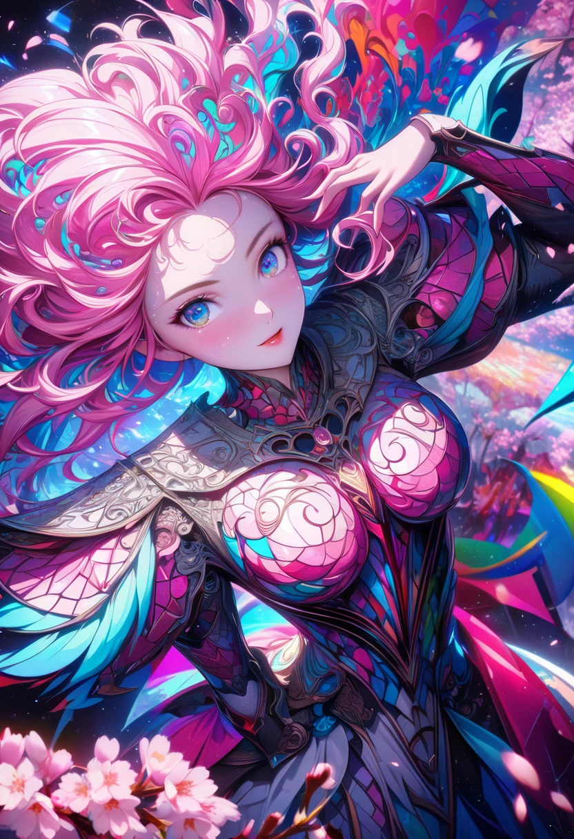 ((masterpiece, highest quality)), (1 girl), ((mature woman)), medium breasts, (big breasts), slim, smile, [ wide hips] ,(((Blonde and Pink Hair), Purple Clear Eyes,Layered Bob)), ((Beautiful, detailed eyes, jewel-like eyes, colorful eyes, sparkling eyes:1.3))