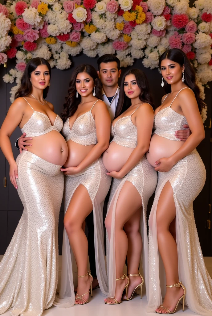 beautiful pregnant woman, naked woman smiling, detailed pussy, cleavage, long bangs, earrings, makeup, red nails, (best quality,4k,8k,highres,masterpiece:1.2)