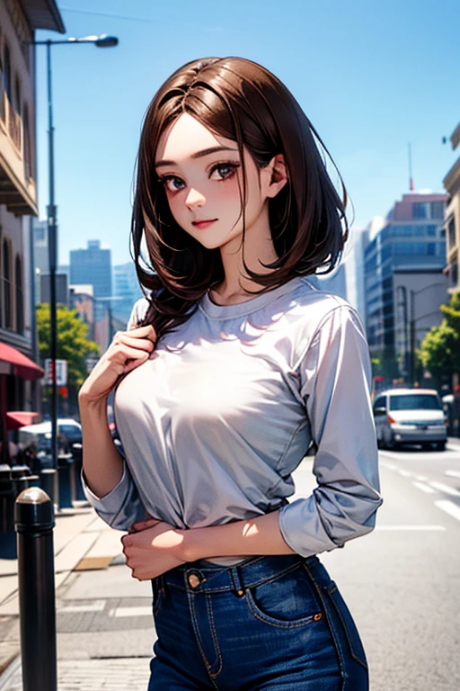 ((masterpiece)), ((best quality)), (ultra-detailed), absurdres, extremely detailed CG unity 8k wallpaper, Official Art, (realistic), [beautiful face, detailed hands, expressive eyes:0.5], upper body, [close up:0.5], solo, scenery, illustration, dramatic lighting, standing, smile, 1girl, young lady, contemporary, city, outdoors, casual clothes, ((masterpiece)), , absurdres, HDR