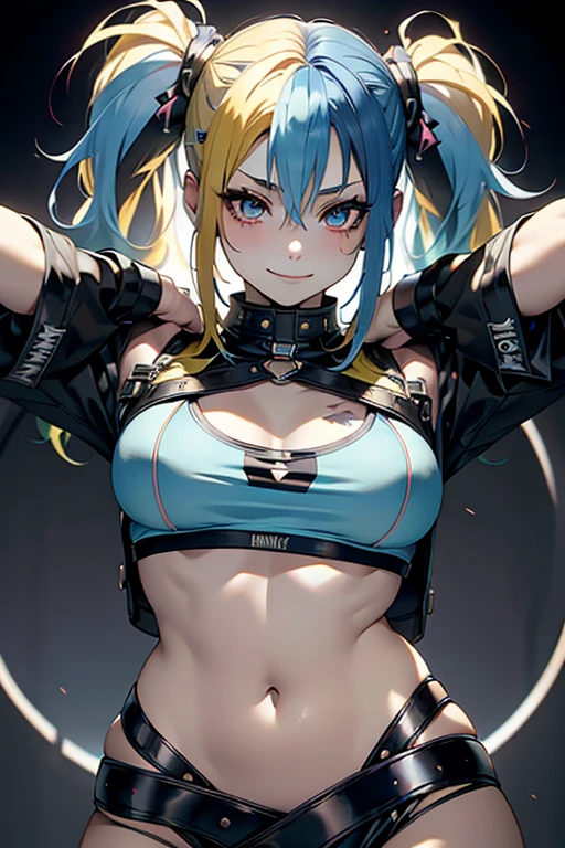 masterpiece, best quality, gothic make up 1girl, solo, crop top, ((colossal cleavage:1.3)), denim shorts, choker, (graffiti:1.5), paint splatter, arms behind back, against wall, looking at viewer, armband, thigh strap, paint on body, head tilt, bored, multicolored hair, aqua eyes, headset, naked