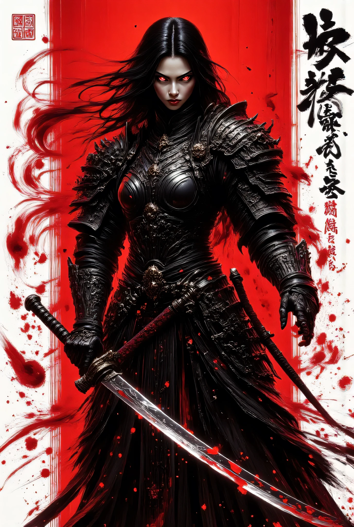 score_9, score_8_up, score_7_up, darkly designed, shadows, splash art, ink bamboo paper, breathtaking detailed, masterpiece, spectacular, resplendent, marvelously, breathtaking Asian woman very, long hair, mouth veil, assassin, black robes, weapons, katana, red spatterd background, silhouetted, light hitting face, hkstyle, fantasy, in a faded smudged brush strokes calligraphy ink style, with chinese text,