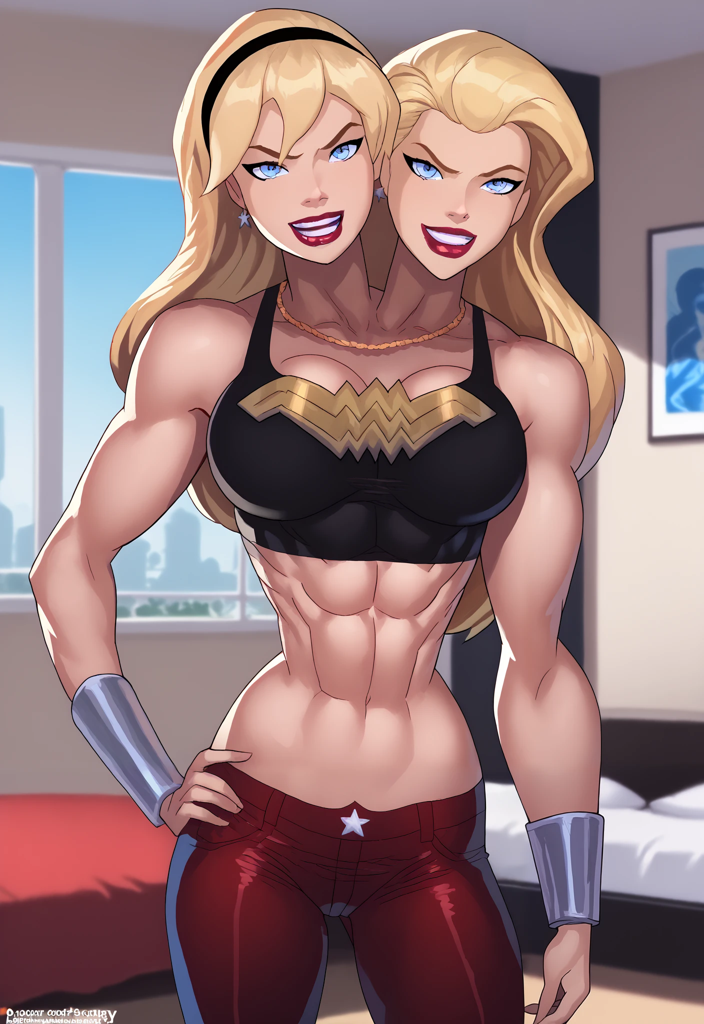 safe_pos, PonyXLV6_Scores BREAK (((parody style, parody:1.2)), perfect anatomy, cowboy shot) 1girl, conjoined, two heads, different heads, power girl, blonde hair, long hair, blue eyes, hairband, Wonder Woman, black hair, long hair, blue eyes, red jeans, curvy, athletic, standing, hand on hip, indoors, bedroom, black sports bra, necklace, smiling, hugebreasts, standing, red lipstick, seductive pose, raised eyebrow