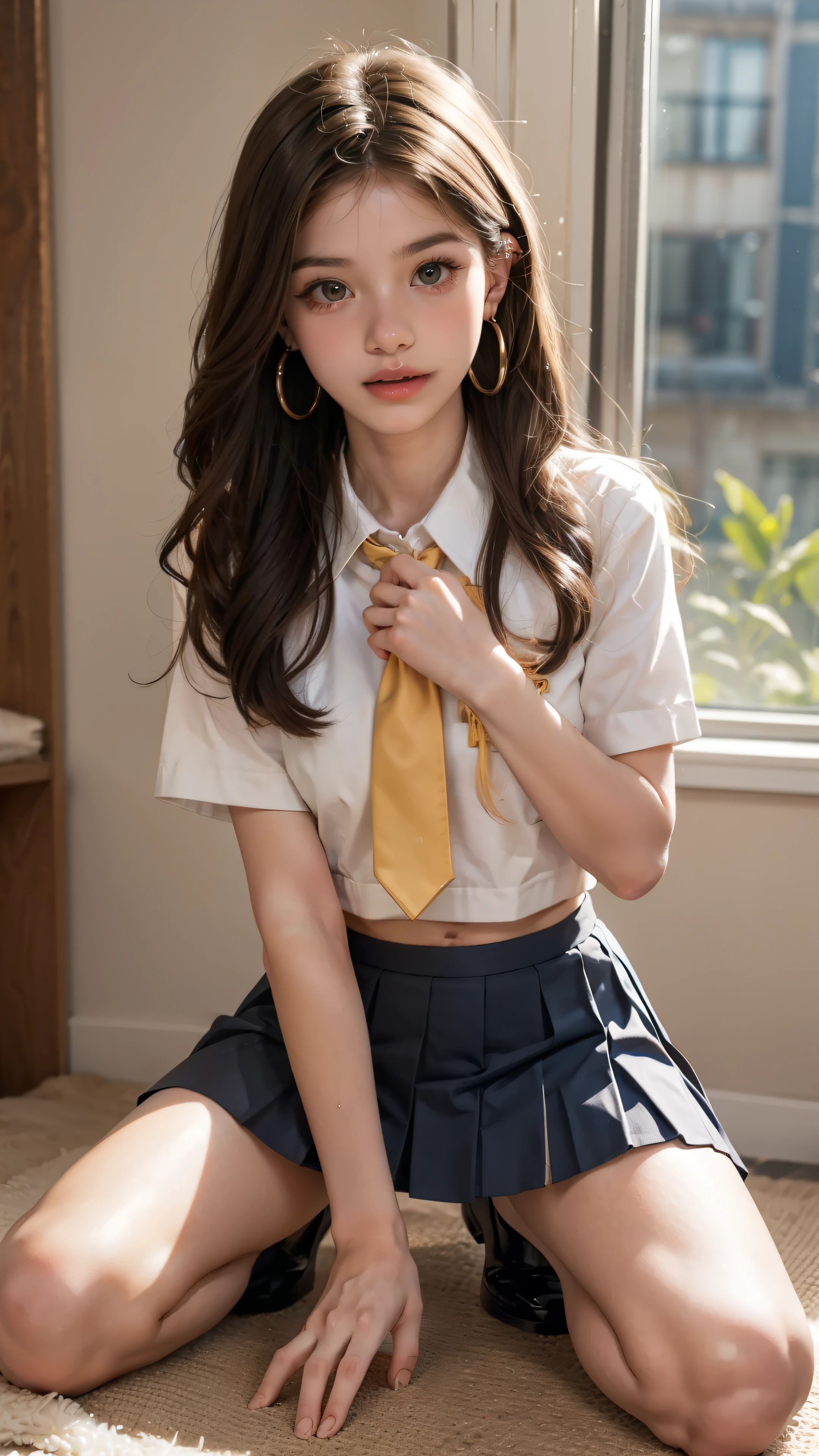 sassy girl (ten) In cropped school uniform, pleated mini skirt, lifting her skirt, no panties, pussy visible, blonde hair, blushing, shocked expression, slightly embarrassed, no hat, no headwear, slender legs, slim thighs, skinny thighs, tiny body, petite, slim waist, kneeling, legs spread apart, gap between thighs, anatomically correct, hoop earrings, one girl, no extra hands, correct number of fingers, good hands