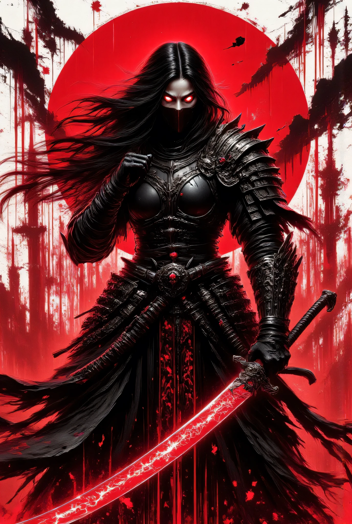 score_9, score_8_up, score_7_up, darkly designed, shadows, splash art, ink bamboo paper, breathtaking detailed, masterpiece, spectacular, resplendent, marvelously, breathtaking Asian woman very, long hair, mouth veil, assassin, black robes, weapons, katana, red spatterd background, silhouetted, light hitting face, hkstyle, fantasy, in a faded smudged brush strokes calligraphy ink style, with chinese text,