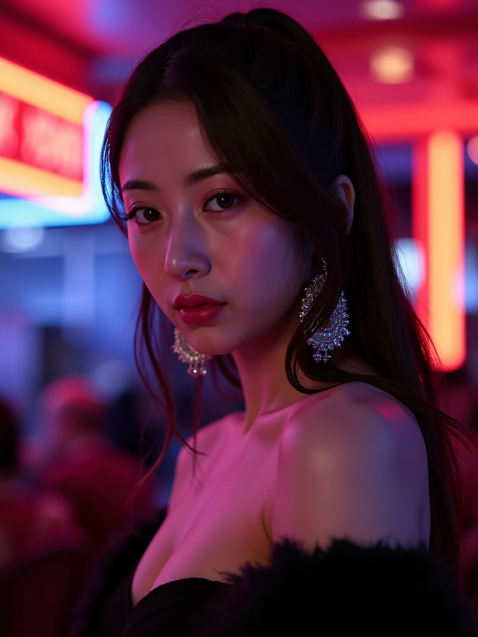 A Korean woman,The most beautiful and delicate face, Profile,bust, Not too big breasts, Her cleavage exposed, Looking at the audience, Half-length photo, Movie Lighting, glow, neon,With big earrings,The earrings should be exposed。
