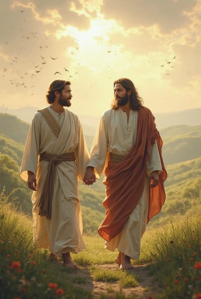 Jesus and monk laughing together hugging