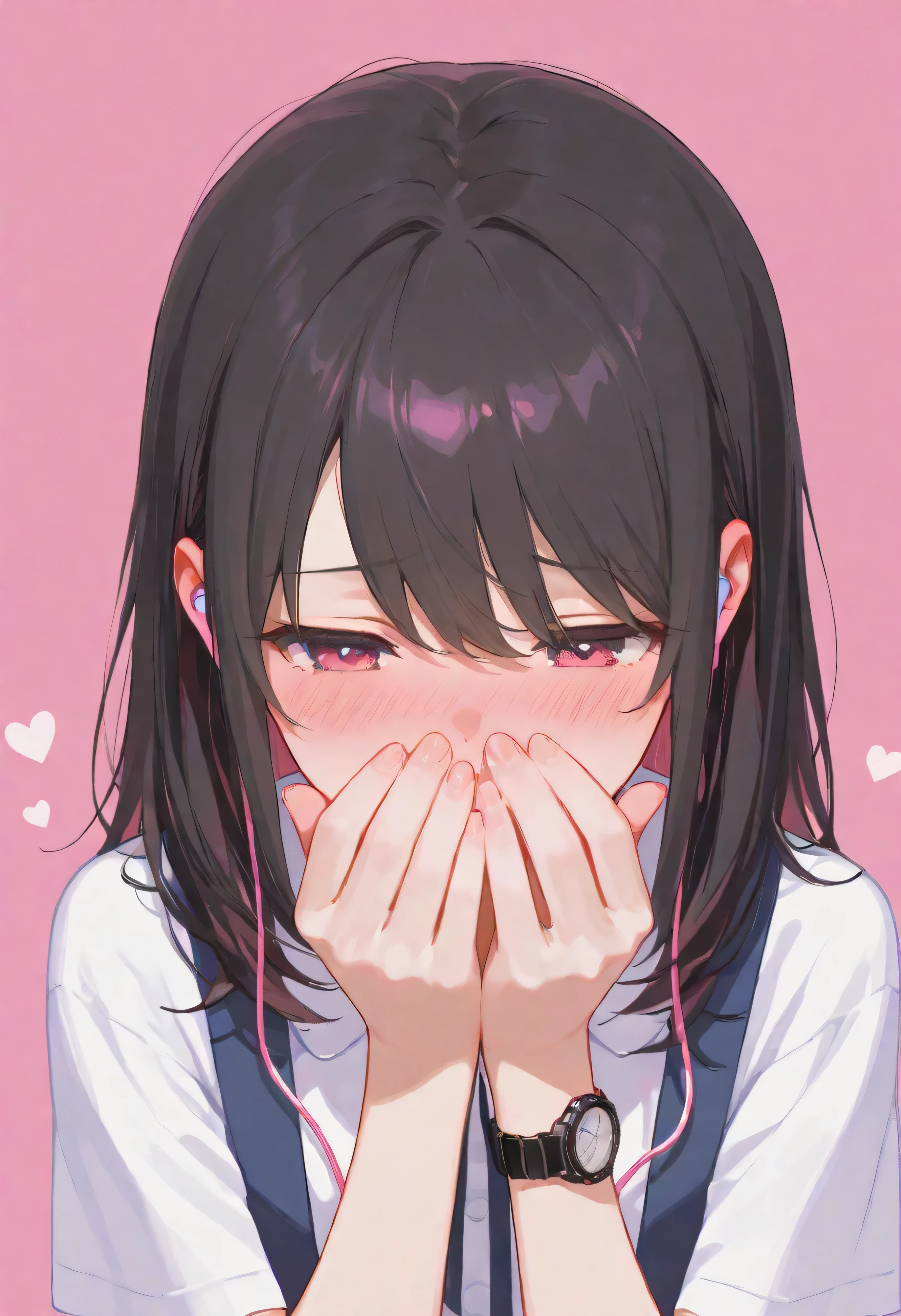 A heartwarming anime-style illustration of a shy girl with long dark hair, blushing intensely as she covers her mouth with her hands. She wears a casual white T-shirt and earphones, as if lost in a song that reminds her of a special someone. Behind her, a charming young boy with slightly messy dark hair, dressed in a school uniform with suspenders, watches her with a gentle smile. A small pink heart floats above his head, symbolizing his admiration. The background is soft and warm, with pastel tones creating a cozy and romantic atmosphere. The scene radiates youthful love and innocent emotions, capturing the moment when one realizes they are adored
