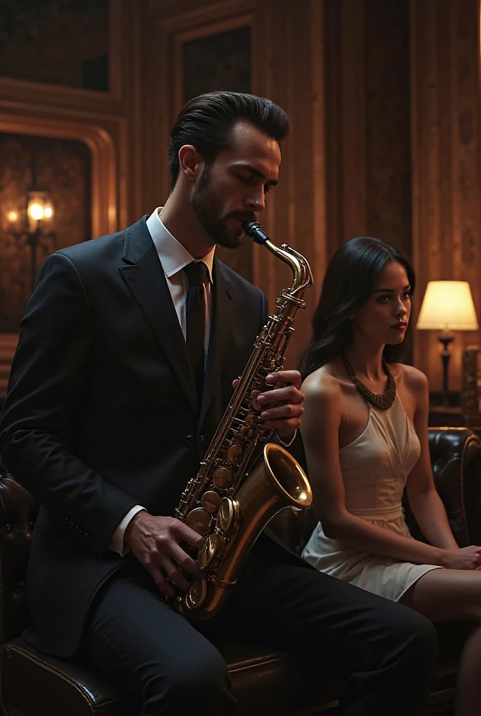 Magnificent detail, 8K Photos, hyper- realism, realistic background, visual depth, wide angle lens, professional light. A beautiful white skinned brunette, 21 years, Playing Classical Piano. She wears a sensual lace string lingerie and a low-cut strappy bra., that enhance your slim, curvy body, small round ass, breasts big. 3 strong black alpha men in fancy suits watch her closely. The setting is a hall in a mansion.the woman's expression is one of sensuality and introspection. The expression of black men is one of attraction to women.