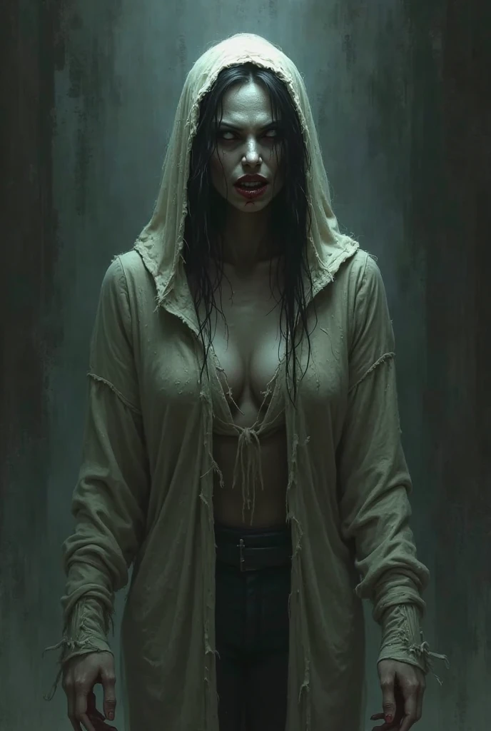 a creepy vampire woman, grey hoodie,3d render