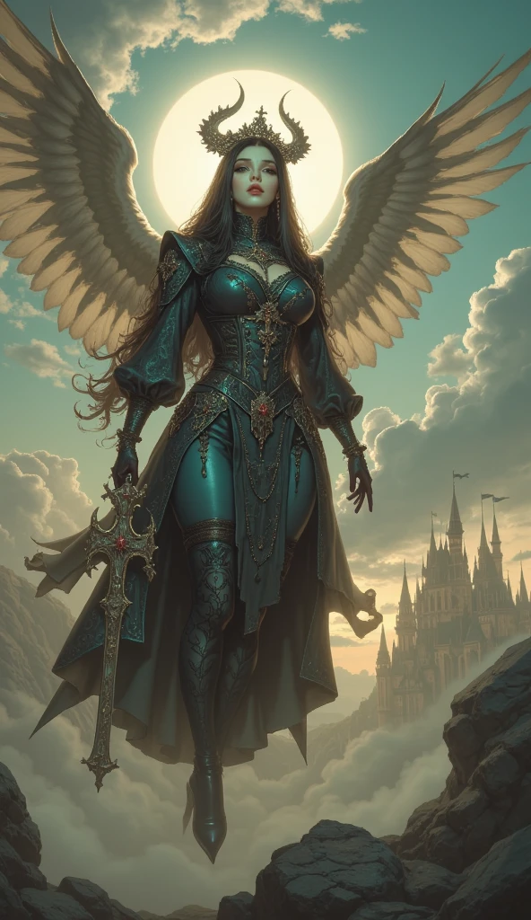 warhammer 40k, cyborg, Sci-fi, black fantasy, kosmos, black girl (dark brown face), Wearing WH40K open purple dress and cape, Wearing chest armor with huge , holding a Roman staff with an eagle on top, detailed green eyes, bblurry, shooting angle, (tight gap:0.5), short and loose hair, Corte de cabelo viking, vibrant green eyes, Charismatic leader, total body length, comic style, por artgerm, Guy Denning, Jakub Rozalski, Magali Villeneuve e Charlie Bowater, cyborg piece on head, cyborg goddess in kosmos with planets and starship background, battlefield fog