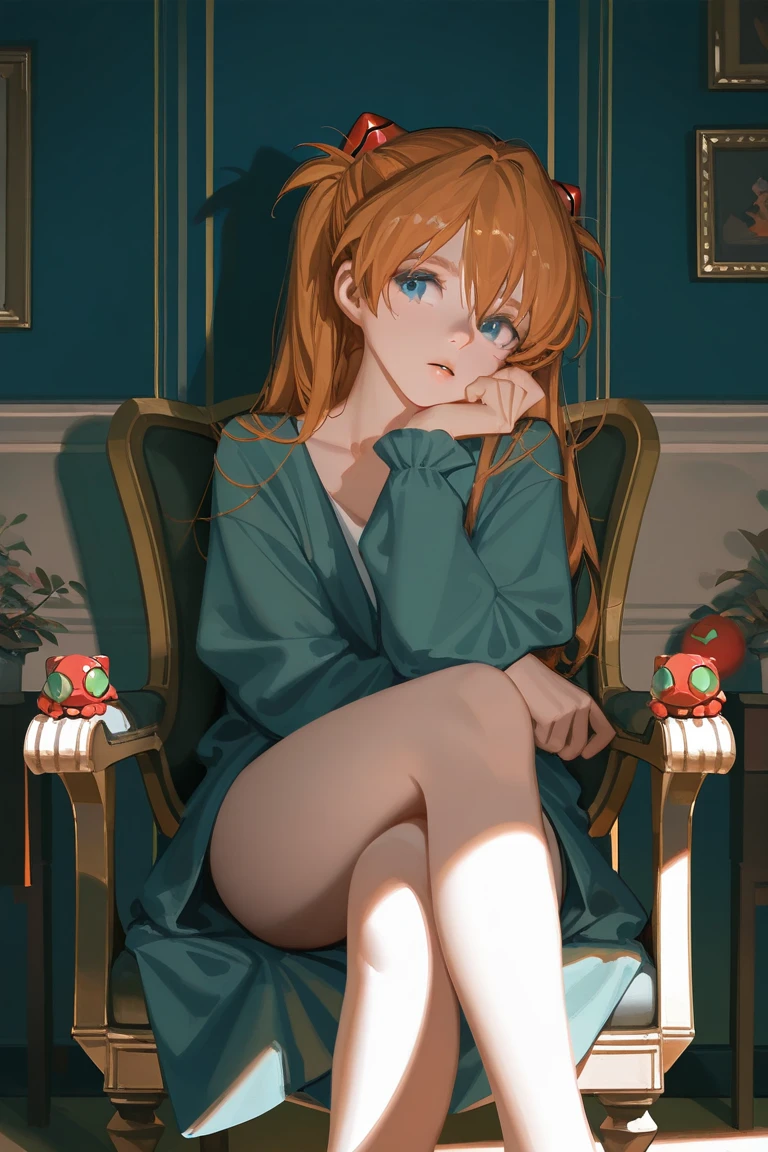 Beautiful Woman, Full Body, Lying on Table, Long Hair, Orange Hair, Red Dress, High Heels, Blue Eyes, Macross Airplane Background