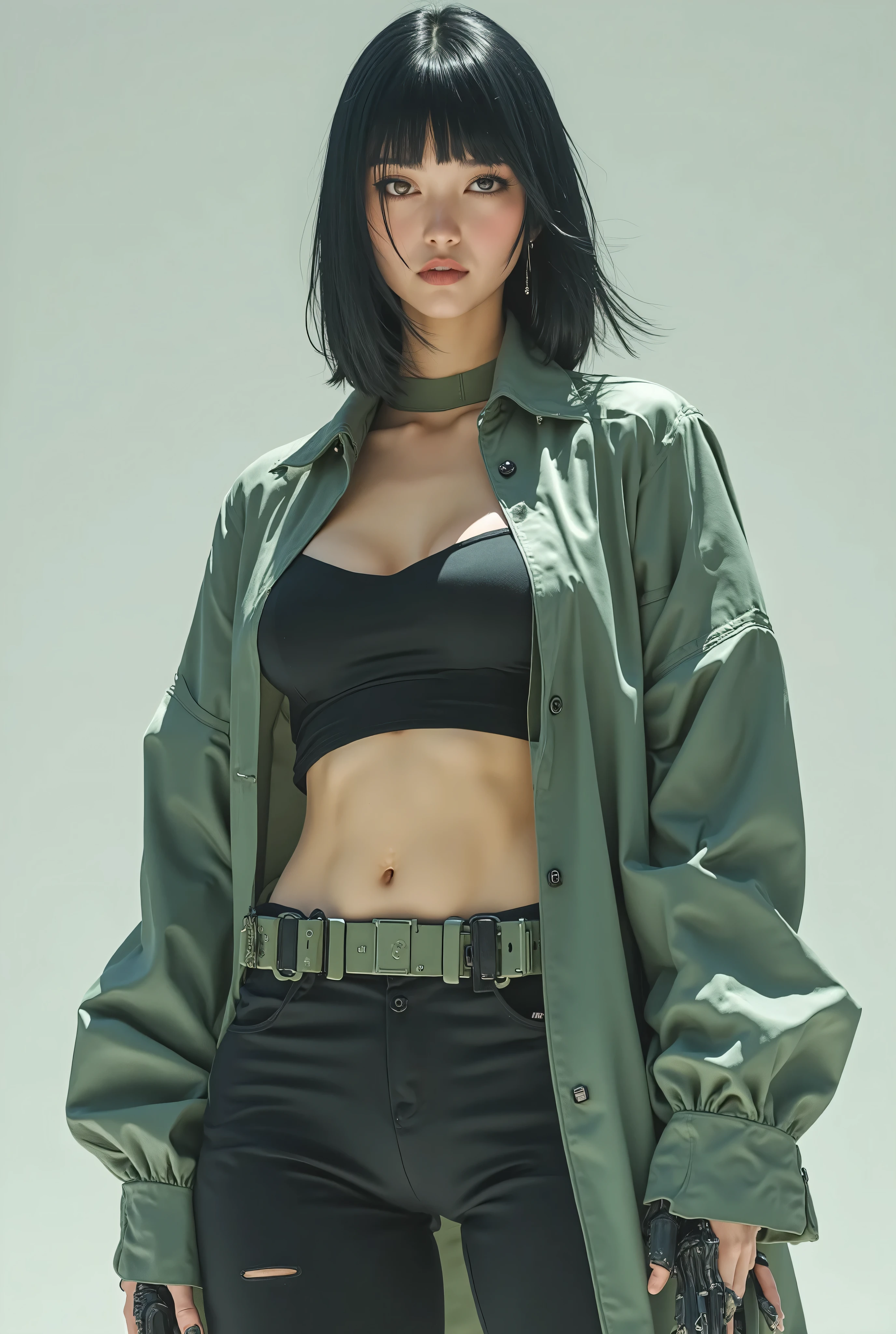 a beautiful Korean woman with fair skin, black bob hair with straight bangs, large breasts, low-cut clothing that leaves her belly exposed, a short grayish green coat, black mini shorts, tights that mark her leg and boots that are a high-top version of the ALL star in the same color as the coat.