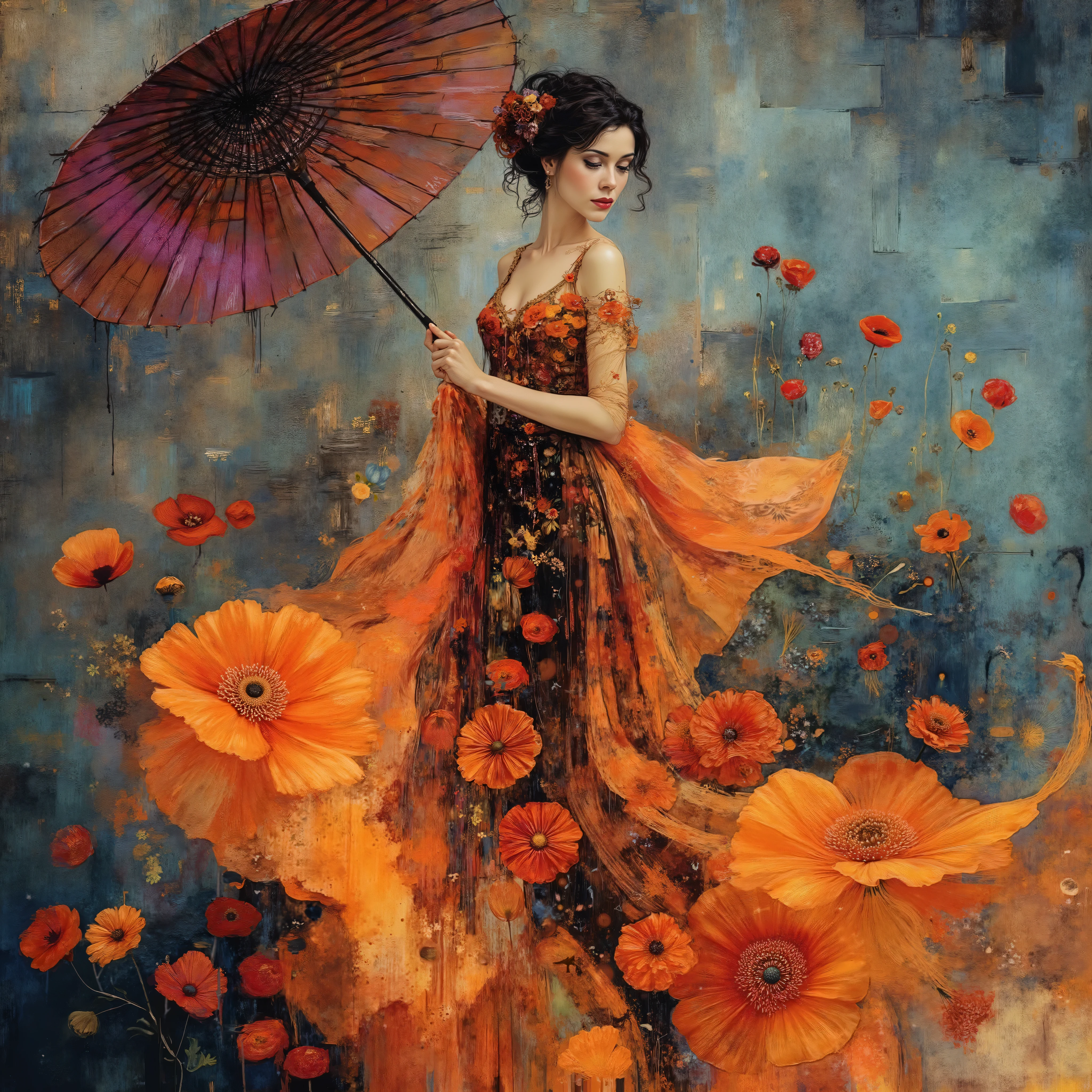 Create an elegant illustration of a woman in a flowing dress made of orange and red giant poppies, featuring intricate floral patterns. She is holding a decorative umbrella, with a softly textured background that complements her appearance. Use vibrant colors to evoke a sense of allure and sophistication. Style: digital painting, focus on details and textures. Aspect ratio: --ar 16:9, version: --v 5, quality: --q 2.